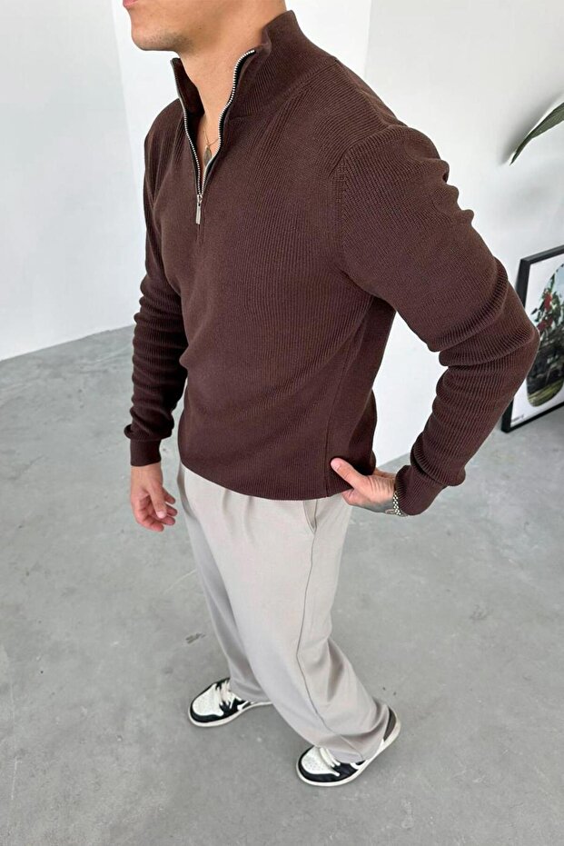 Brown Basic Ribbed Half Zip Relaxed Sweater - 2