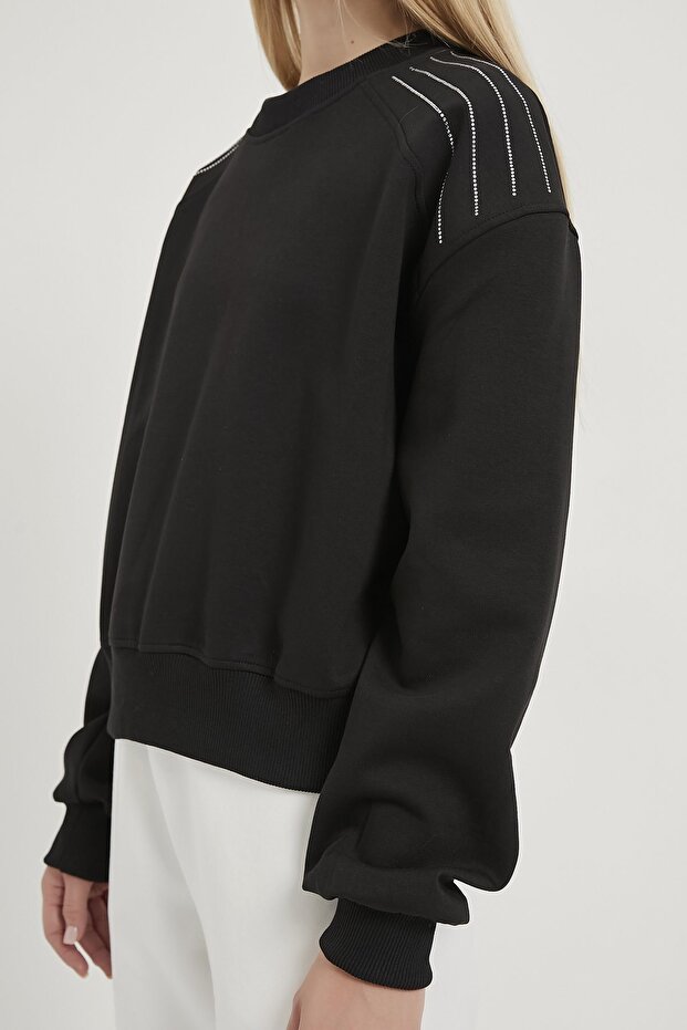 Kadın Omzu Taşlı Basic Siyah Oversize Sweatshirt - 4