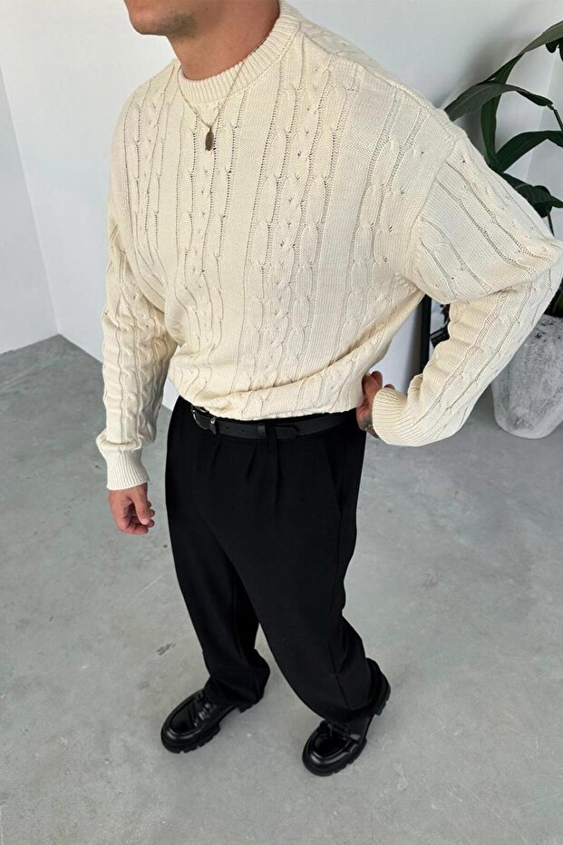 Krem Örgü Desen Relaxed Triko Kazak - 3