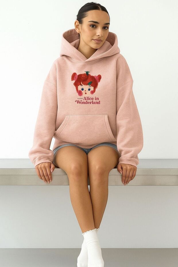 3 Yarn Combed Cotton Alice in Wonderland Printed Unisex Hooded Sweatshirt