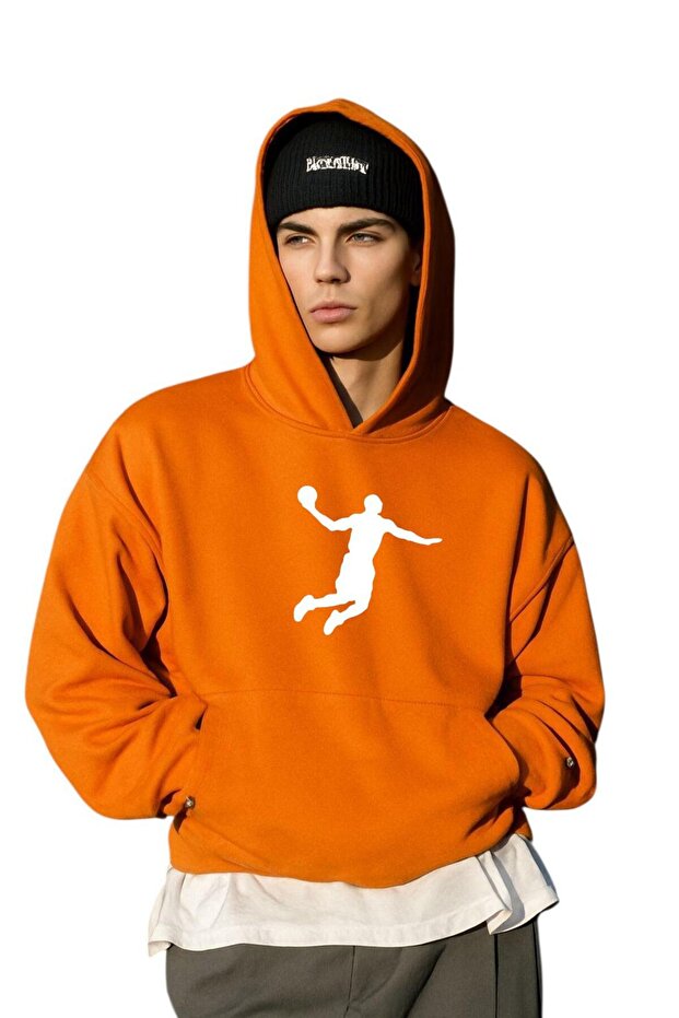 3-Ply Combed Cotton Basketball Playing Printed Unisex Hooded Sweatshirt