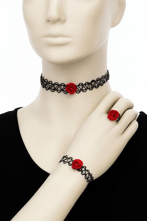 3-Piece Flexible Black Rubber Flower Model Lace Design Women Jewelry Set