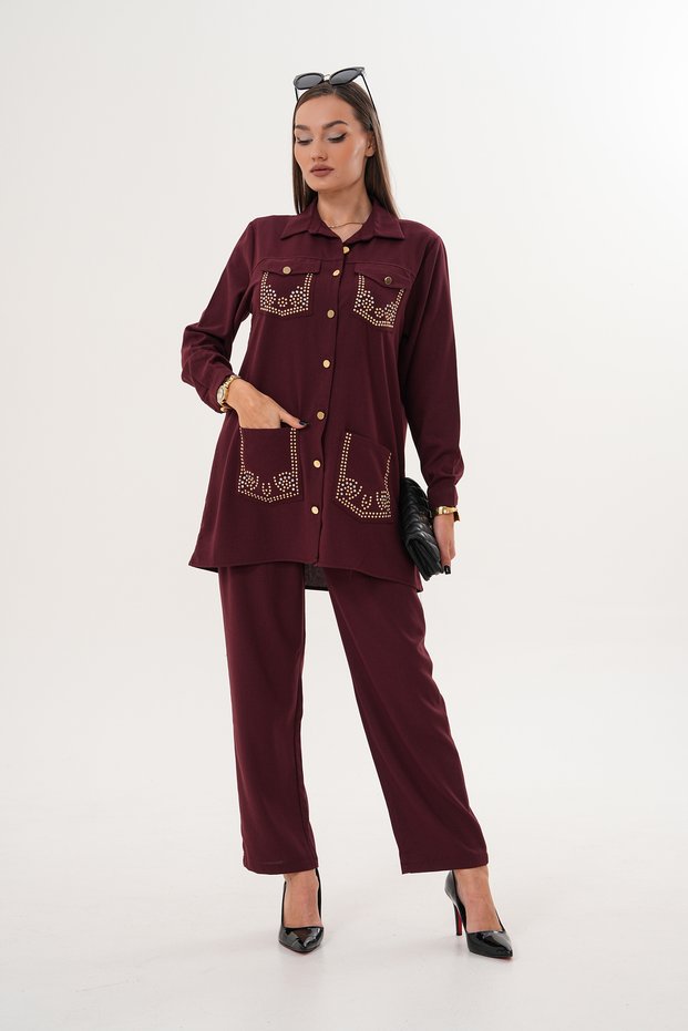 Women's Burgundy Stone Print Detailed Pocketed Shirt Pants Set