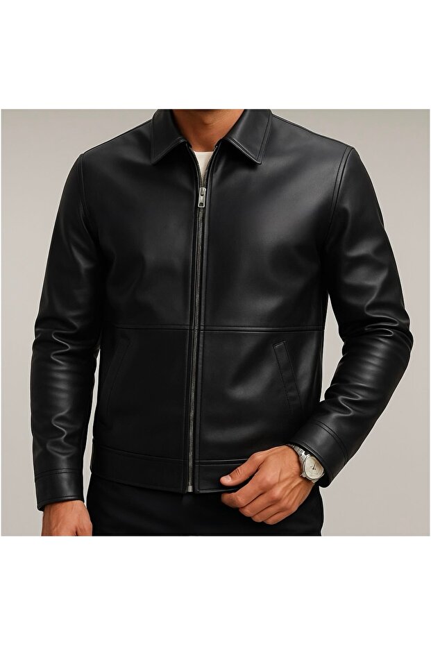 Premium Slim Fit Fermuarlı Basic Deri Ceket - 2