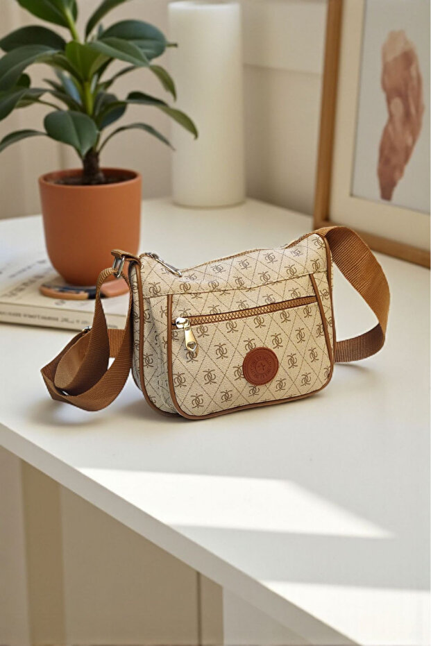 9309 Beige Patterned Two-Compartment Zippered Women's Shoulder Bag