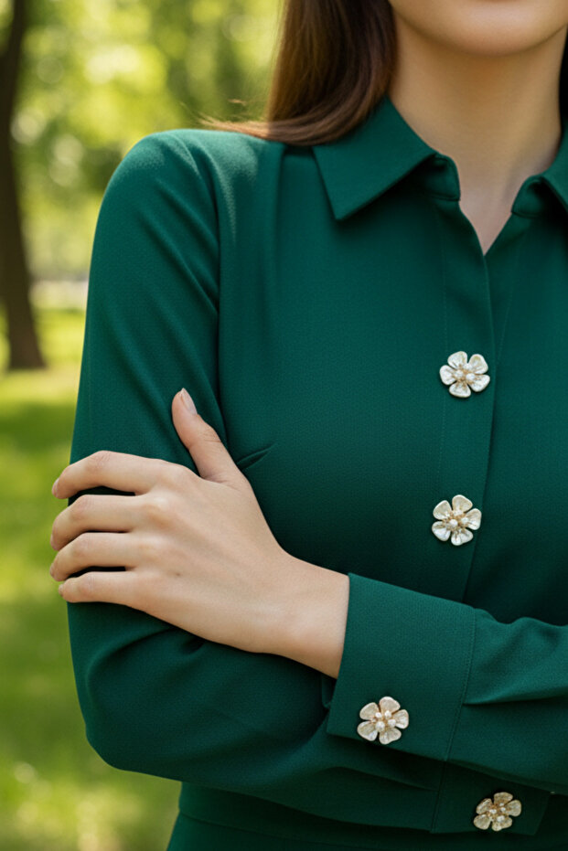 Yeni Trend 5 Yapraklı İnci ve Kristal Detaylı Düğme Kapağı Broş Düğme Klipsi 1 Adet - Elegance Bloom - 6