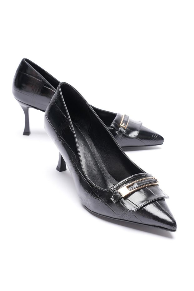 Women's Leather Crocodile Pointed Toe Heeled Shoes 6.5 cm Black Soraya with Gold Buckle