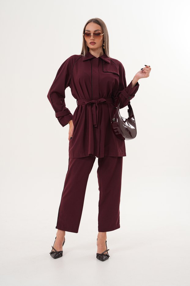 Women's Burgundy Zipper Closure Piping Shirt Pants Set