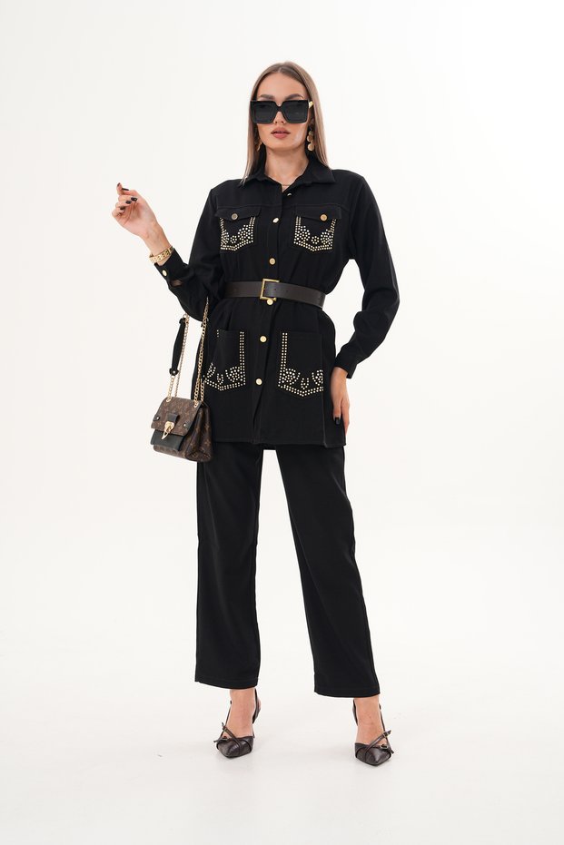 Women's Black Stone Print Detailed Pocketed Shirt Pants Set