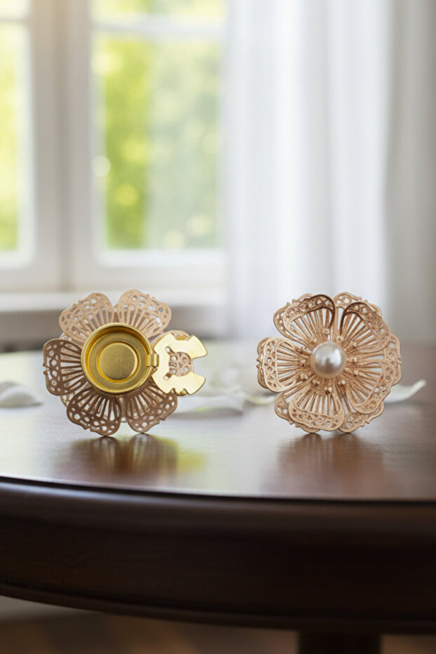 Yeni Trend Bronz İnci Detaylı Çiçek Düğme Kapağı Broş Düğme Klipsi 1 Adet - Aurora Bloom - 1