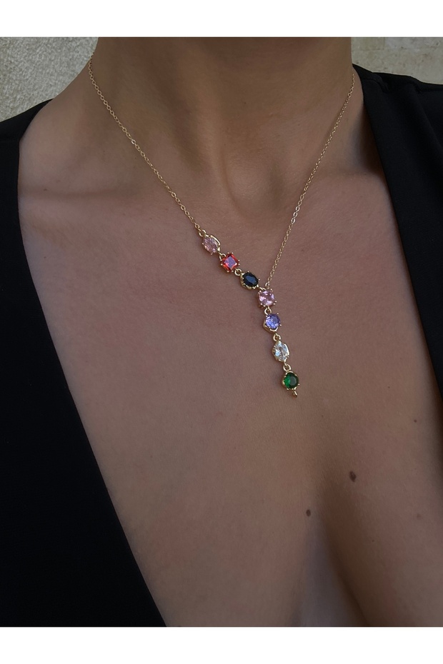 Yedi Taşlı Altın Kaplama Y Kolye - 3