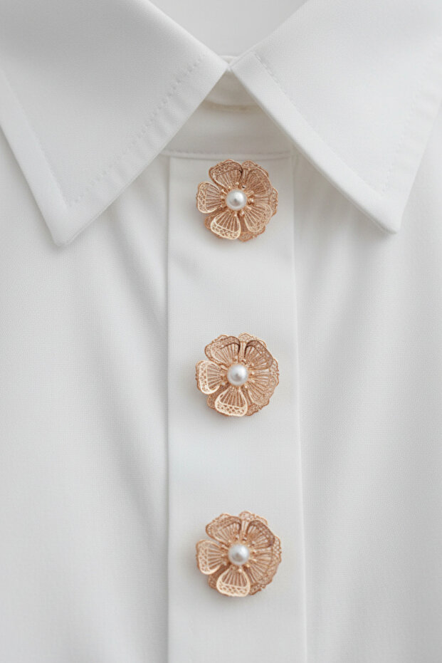 Yeni Trend Bronz İnci Detaylı Çiçek Düğme Kapağı Broş Düğme Klipsi 1 Adet - Aurora Bloom - 3