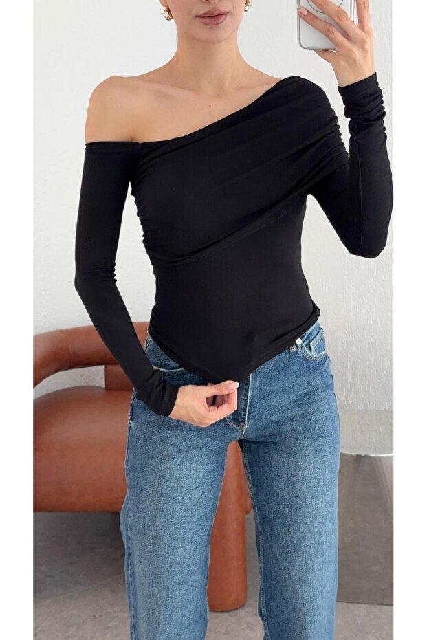 Drawstring Soft Touch Black Blouse - 3