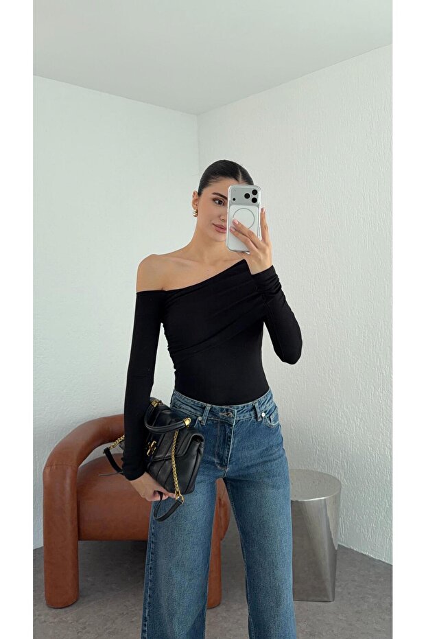 Drawstring Soft Touch Black Blouse - 1