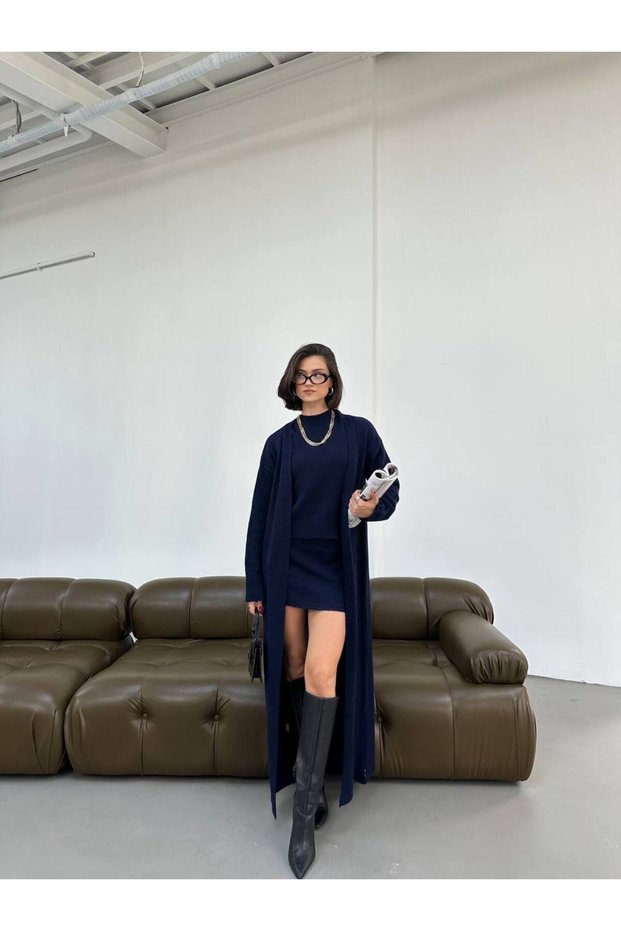 3-Piece Women's Knitwear Set - Long Cardigan and Mini Skirt Set