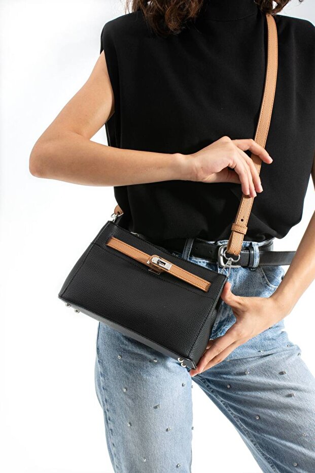 Black-Camel Multi-Compartment Crossbody Women's Bag with Lock Detail