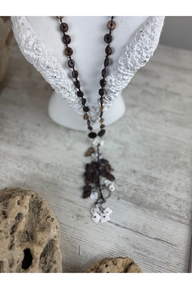 Kahve uzun taşlı ahşap kolye - 3