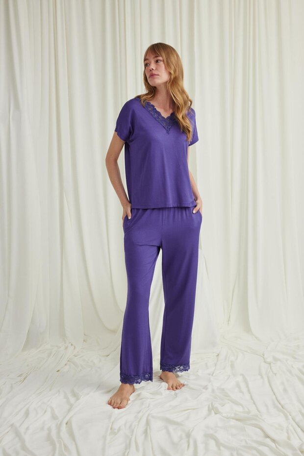 Women'S, Short Sleeve V-Neck Lace, Purple Pajama Set