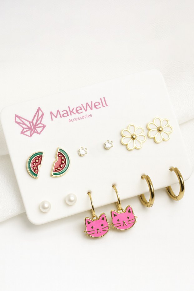 Rainbow Strawberry Panda Unicorn Heart Watermelon Flower Design Pearl Zircon Hoop Earrings Children's Earrings Set