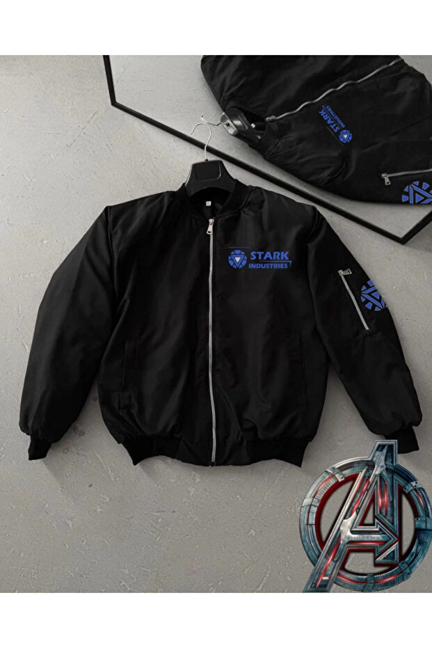 Full Fit Long Sleeve Printed Bomber Jacket - Black