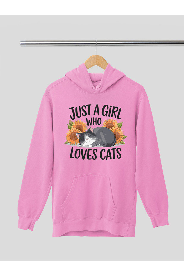 Cute Cat Printed Cotton Long Sleeve Ribbed 3-Ply Hooded Sweatshirt