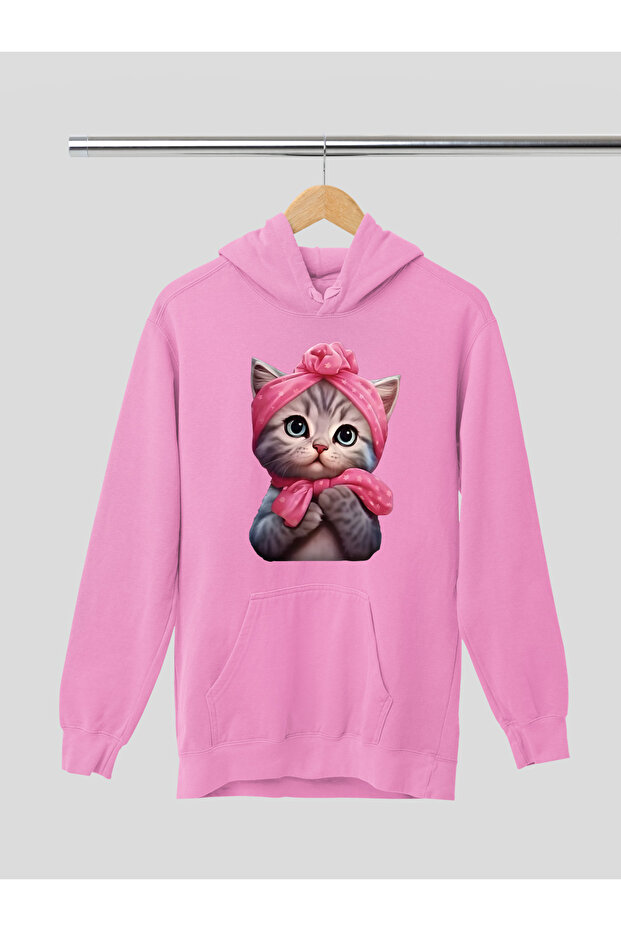 Cute Cat Printed Cotton Long Sleeve Ribbed 3-Ply Hooded Sweatshirt