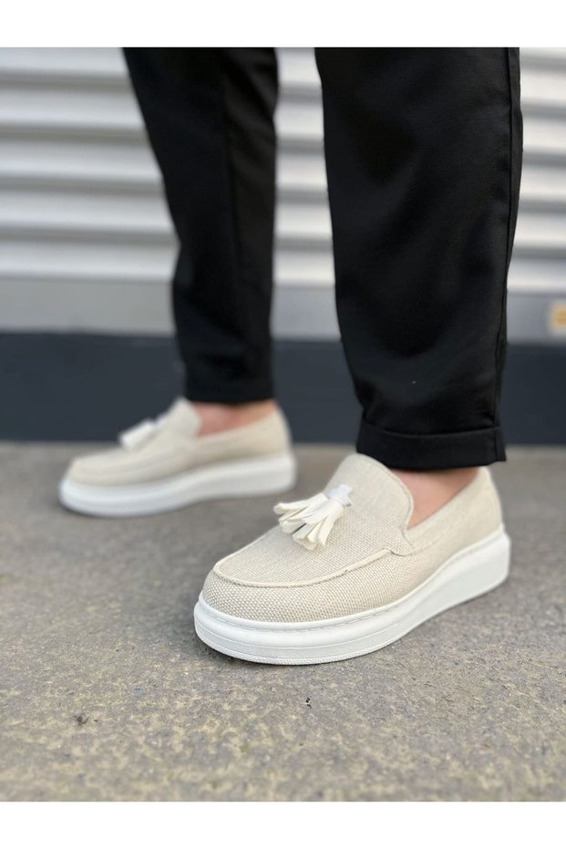 Jy154 Blaze Laceless Tasseled Linen Men's Casual Sports Classic Shoes Kbt - White