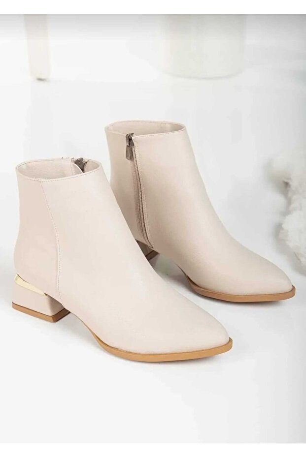 Skin Color Women's Heeled Flat Pointed Boots-Bootie Heel 4 cm