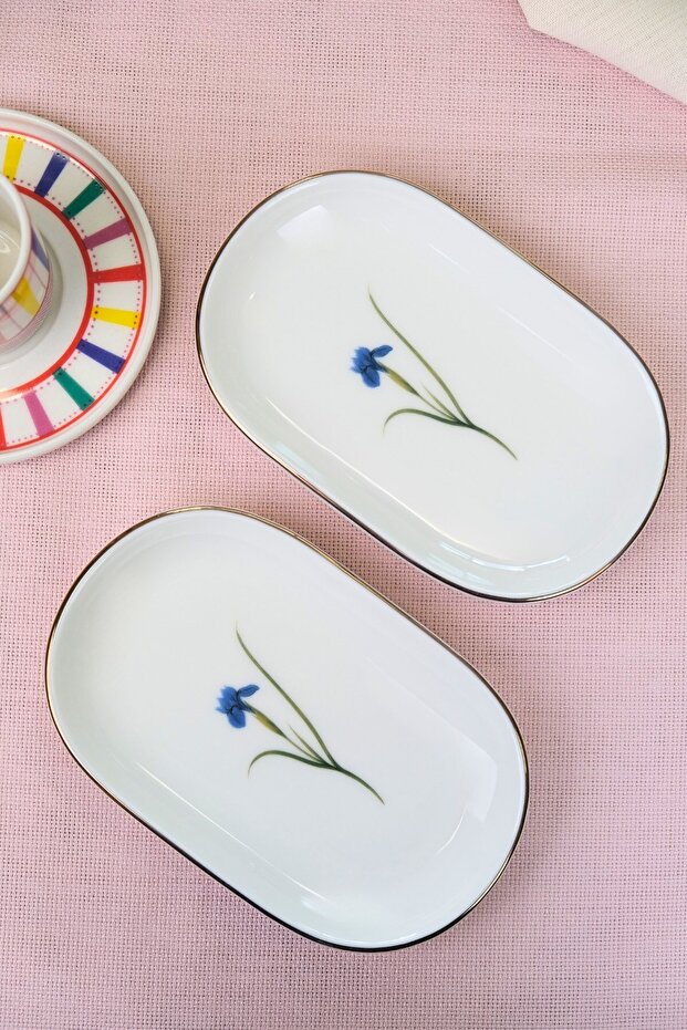 Tabak Evi Porcelain Natura Iris Gold Gilded Oval Boat Plate 18X11X2,50Cm 2 Pieces
