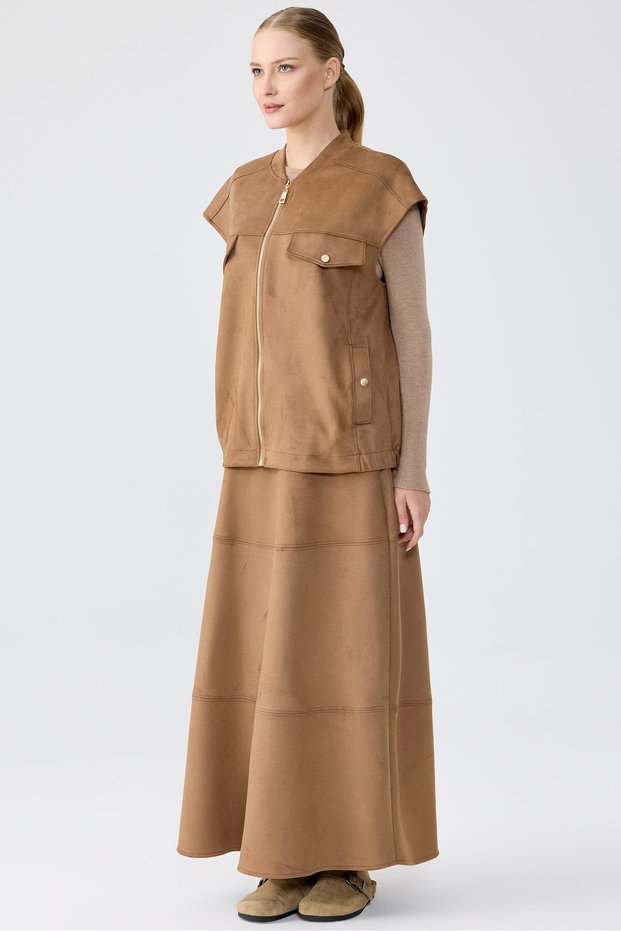Suede Vest Flared Skirt Set Camel