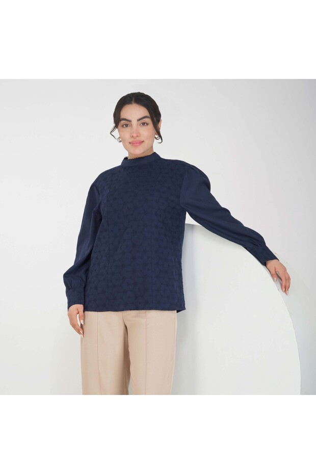 Soft Crepe Ladies Shirt – High Neck and Full Sleeves with Embroidery, Available in 3 Colors