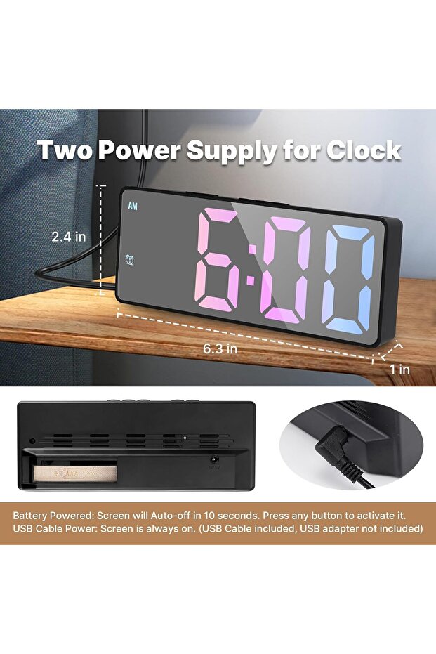MEPOWER LED Digital Alarm Clock 16W x 6.1H cm with Large Display, USB Charging, Alarms - 5