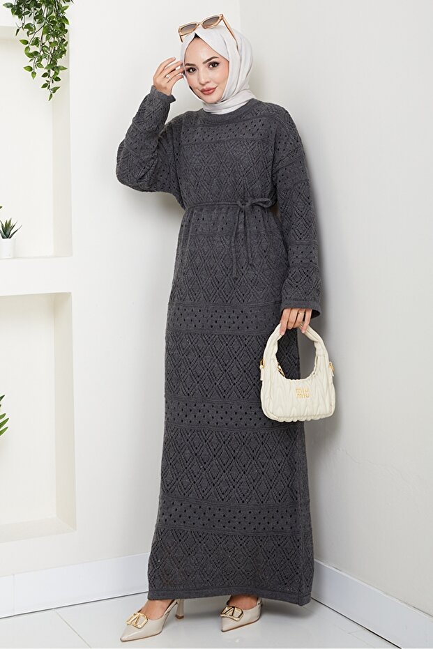 Lace Motif Lined Knitwear Dress 1601 - Anthracite