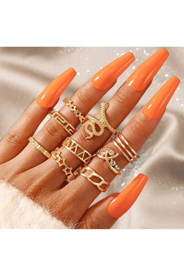 Women's 9-Piece Gold Color Joint Stone Ring Set