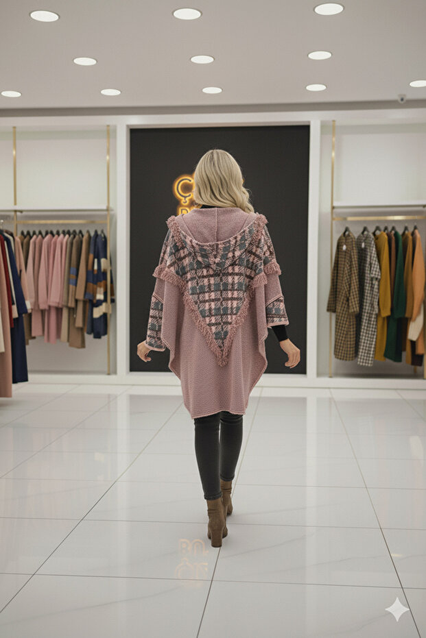 Bohem Püsküllü Kapşonlu Panço / Örme Ceket - 2