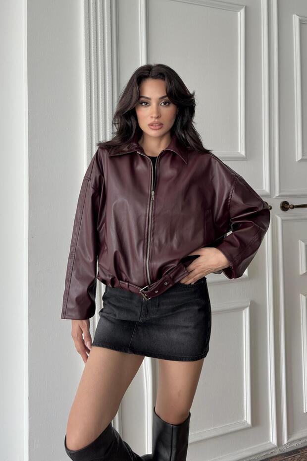 Burgundy Faux Leather Collar Bomber Jacket
