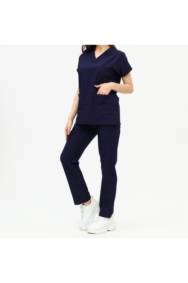 Dark Blue Doctor Uniform Envelope Collar Scrubs Set Bat Sleeve Nurse Clothing Cotton Fabric