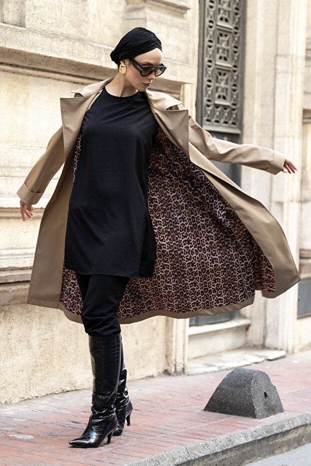 Leopard Detailed Trench Coat with Leopard Bag Gift and Tie