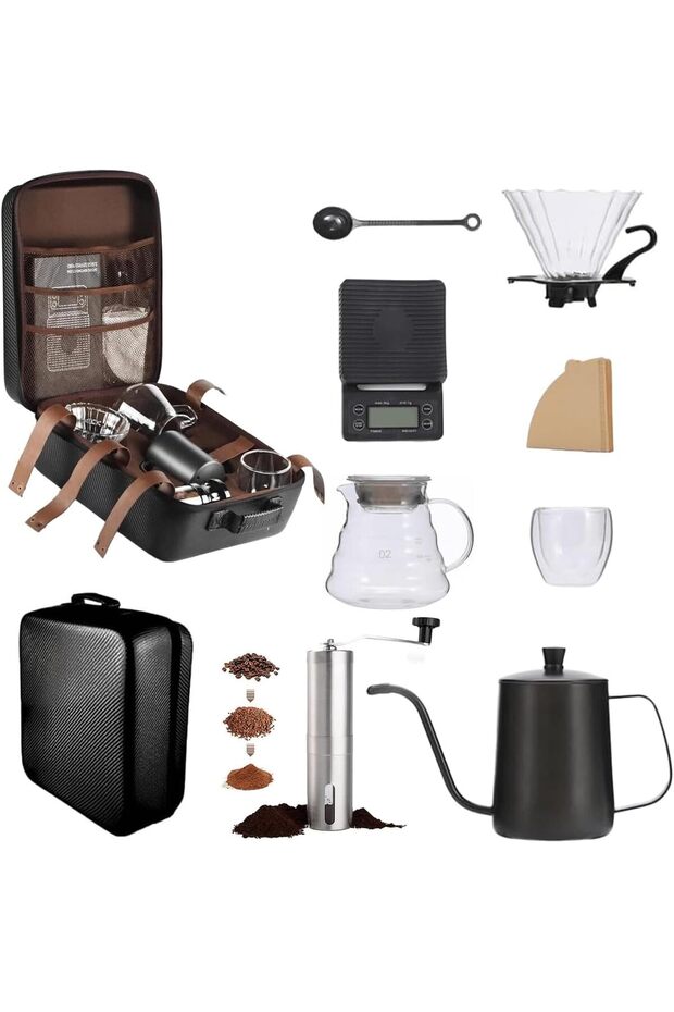 Coffee Maker Set V60 Dripper Grinder Stainless Steel Kettle Timer Filters Cup Travel Bag Gi 9pcs