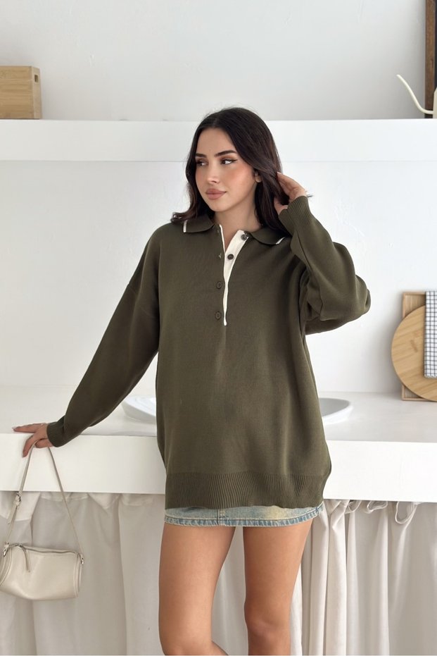 Basic Polo Neck Half Placket Buttoned Knit Sweater Aw25Kz0049