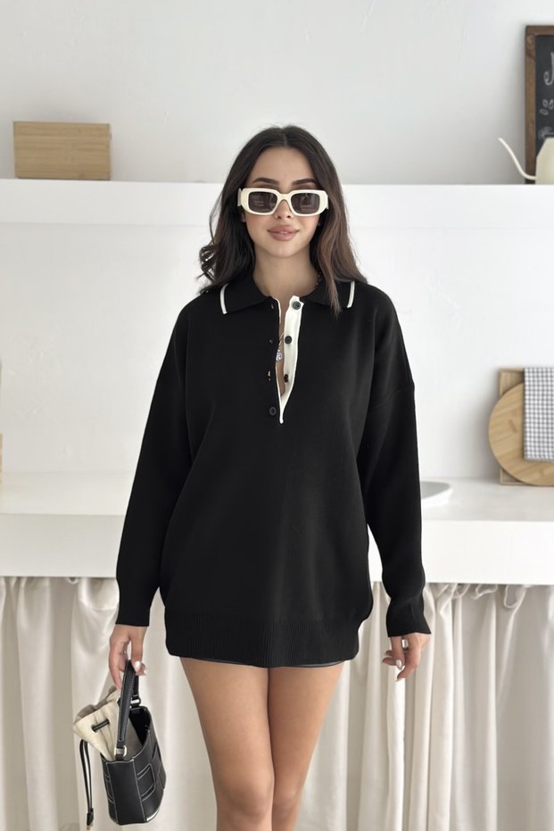 Basic Polo Neck Half Placket Buttoned Knit Sweater Aw25Kz0049