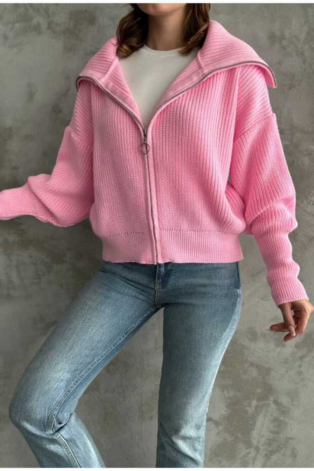 Lacivert Devrik Yaka Fermuarlı Triko Hırka - 5