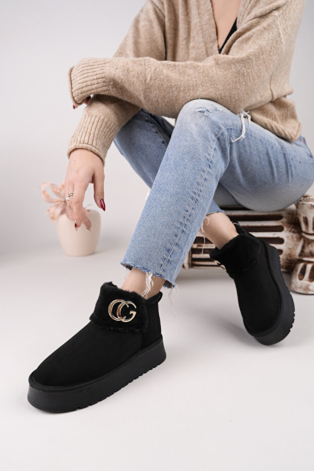 Black Suede Fur Women's Boots with Gold Buckle Detail