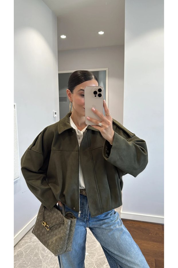 Women's Oversize Bomber Suede Khaki Jacket