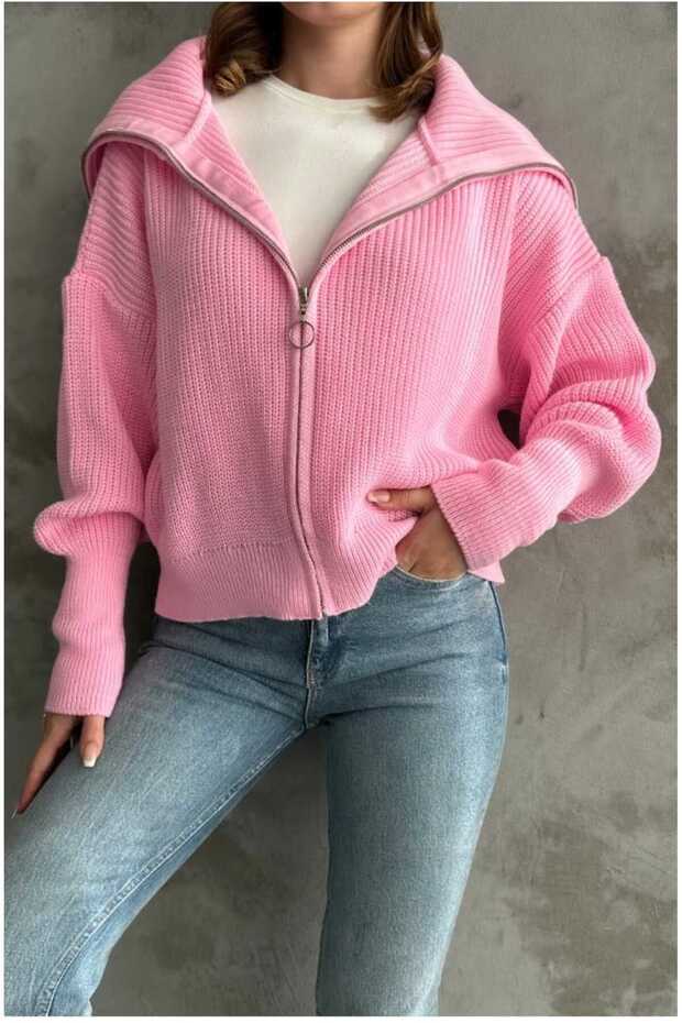 Lacivert Devrik Yaka Fermuarlı Triko Hırka - 4