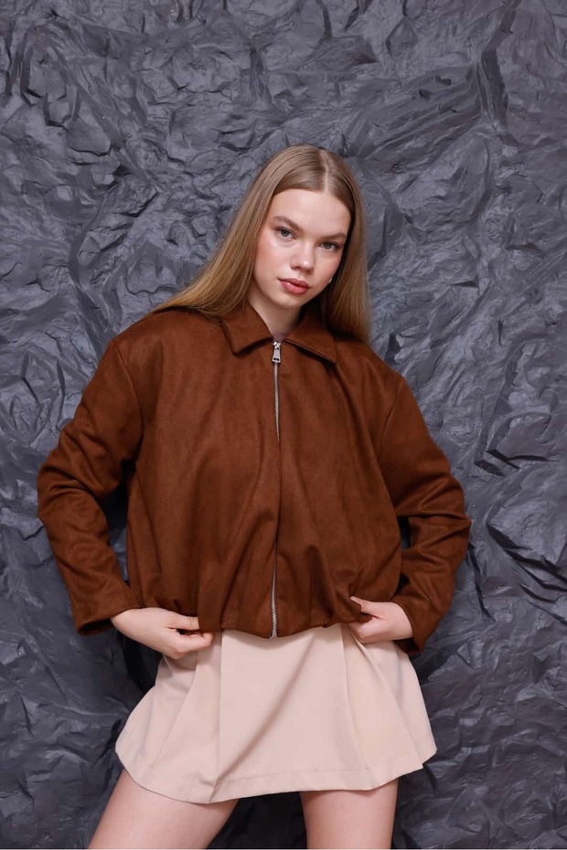 سترة من جلد الغزال البني بسحاب - 3