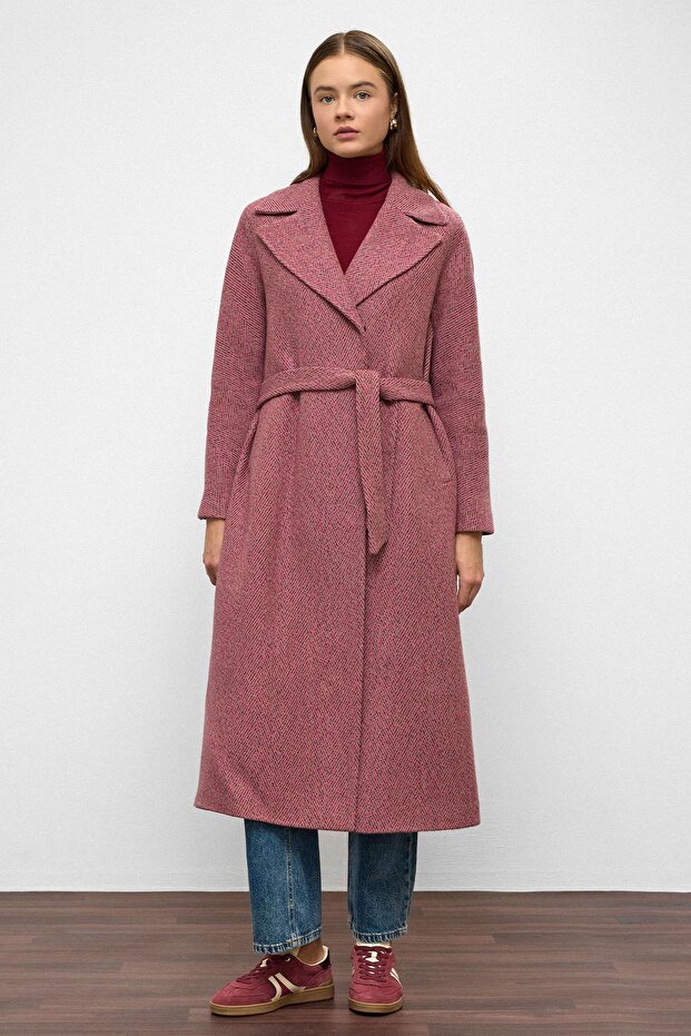 Oversize Snap Closure Fish Scale Pattern Medium Length Coat Fuchia 3035