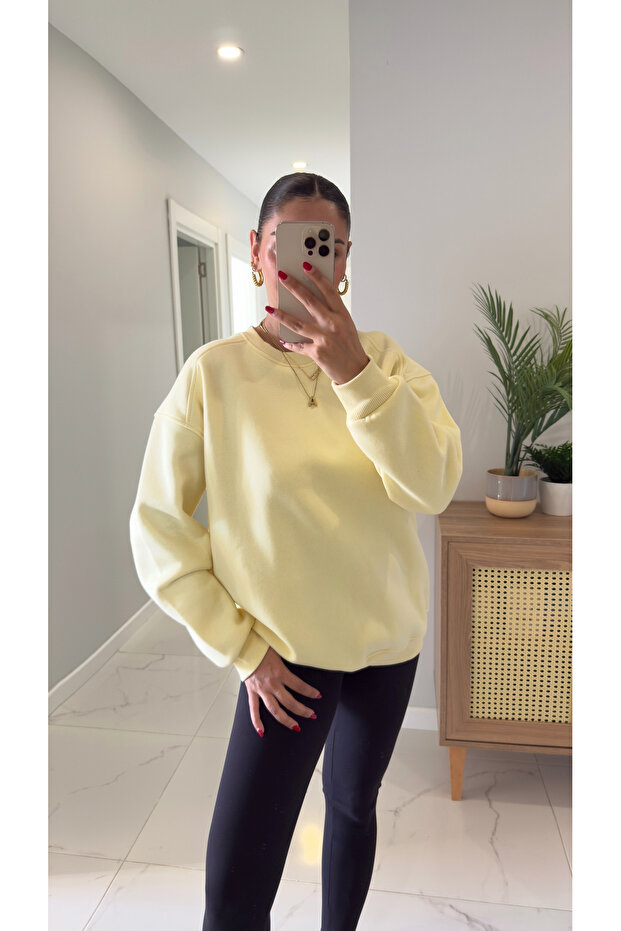 Valeria Sarı Oversize Basic Sweatshirt - 2