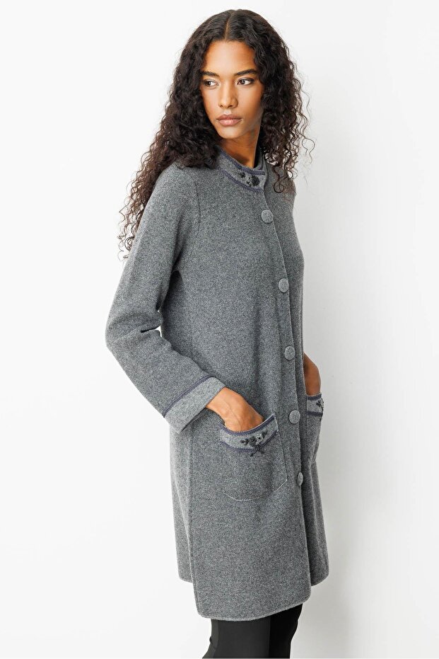 Women's Stand Collar Sleeve and Pocket Embroidered Long Wool Coat Smoked