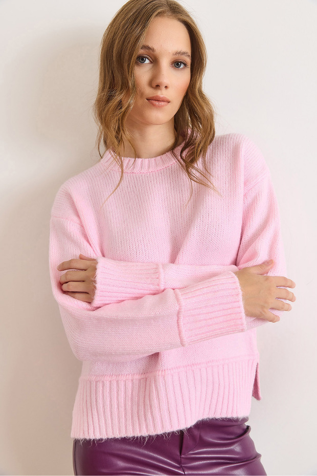 Women's Pink Soft Textured Slit Knit Sweater Kzk-19001007
